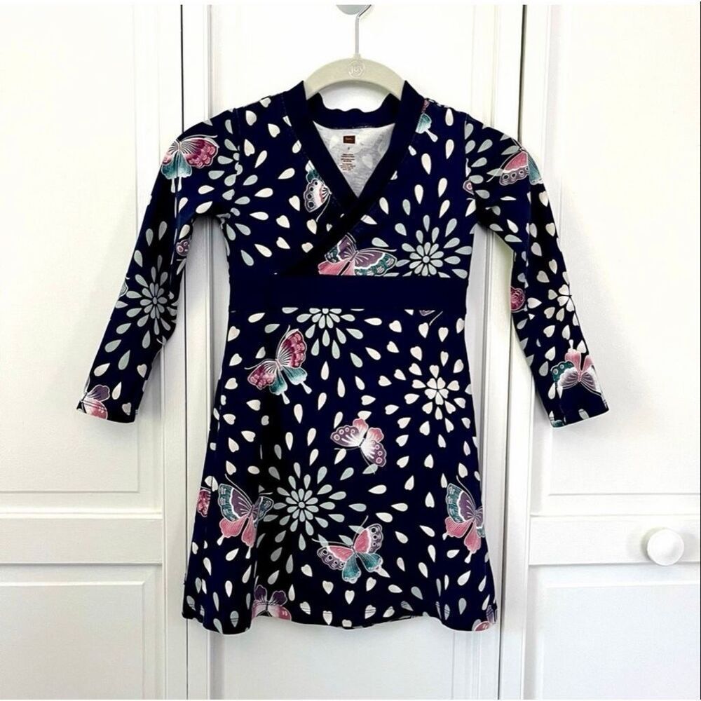 Tea Collection Girls Butterfly Floral Wrap Dress Navy Blue Long Sleeve Size 5